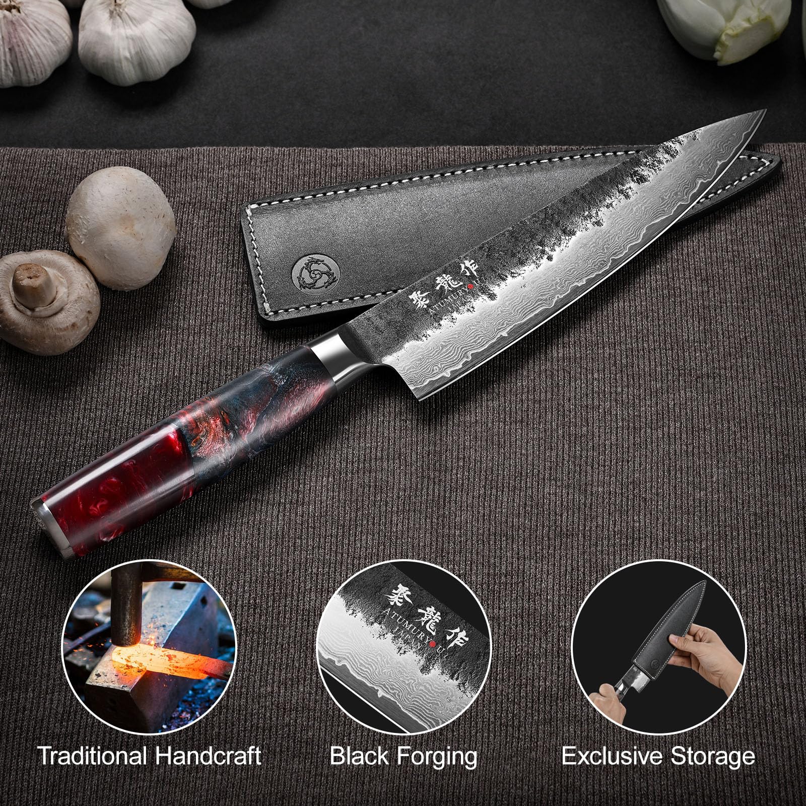 Stabilized wood with rose-red resin enhances grip and aesthetics.