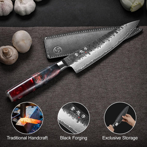 Stabilized wood with rose-red resin enhances grip and aesthetics.