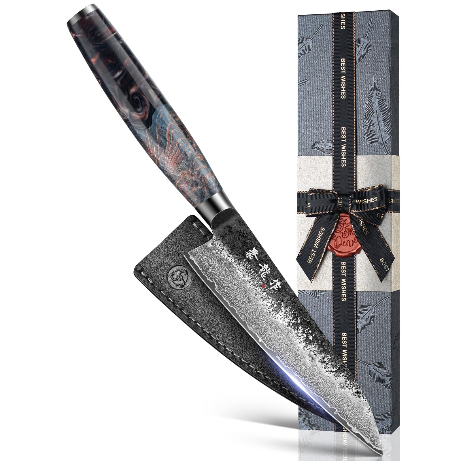 Atumuryou JPCK 5.5-inch utility knife close-up highlighting VG10 core for lasting sharpness.