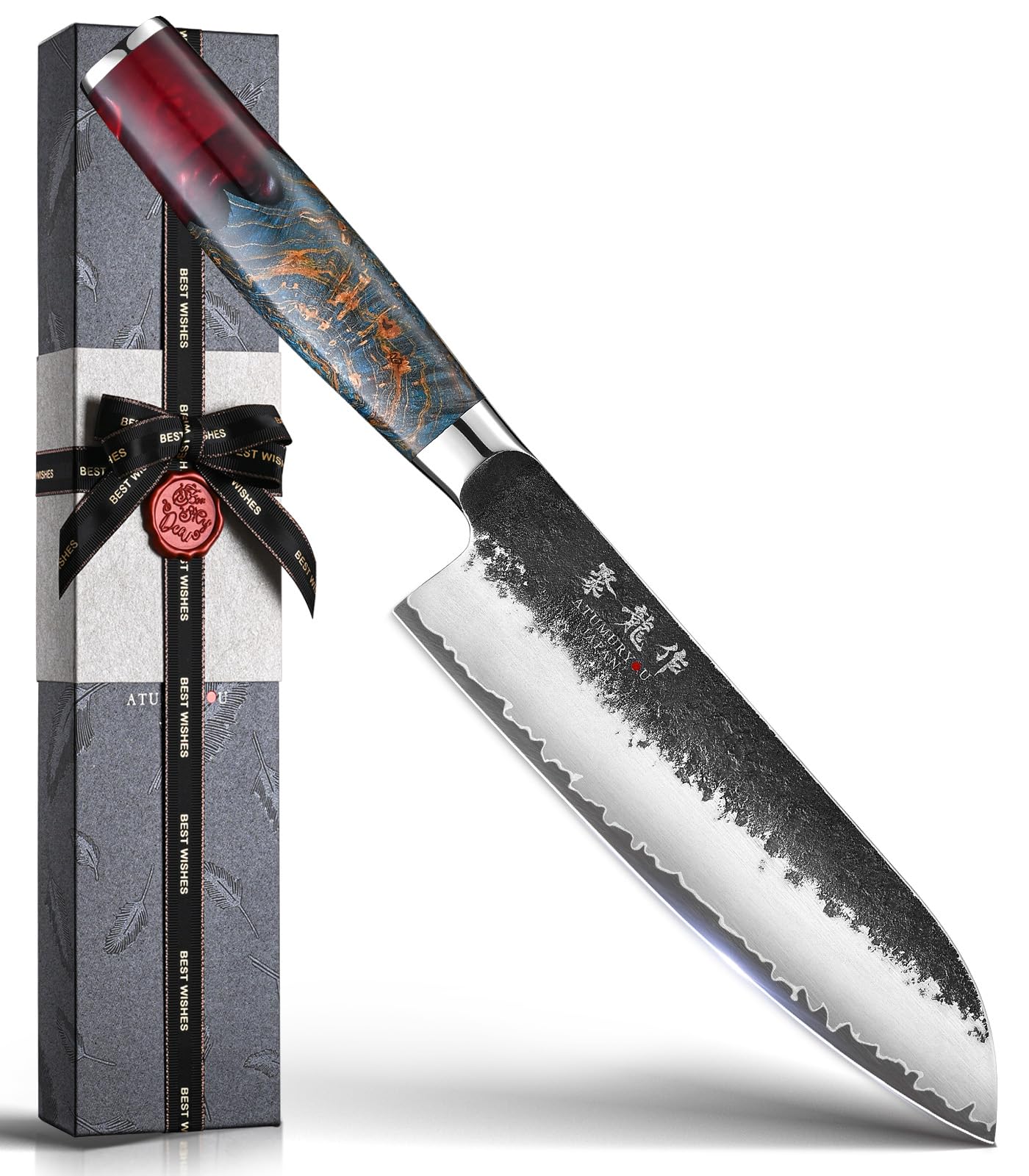 Atumuryou JPCK Santoku knife blade close-up with sharp VG-10 edge for precision cuts.