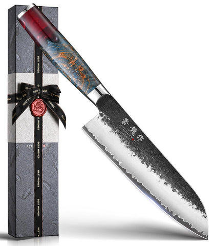 Atumuryou JPCK Santoku knife blade close-up with sharp VG-10 edge for precision cuts.