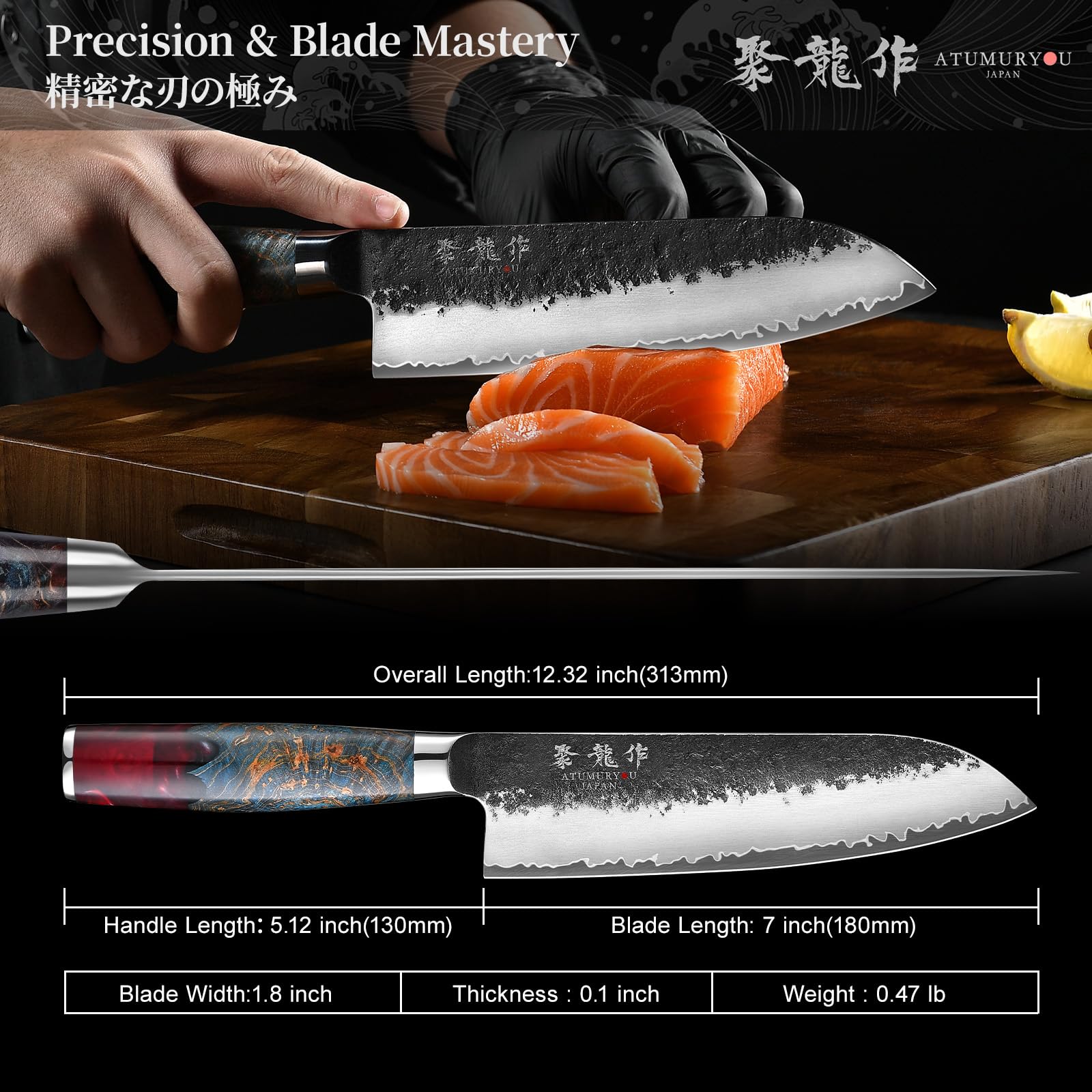 Atumuryou JPCK Santoku knife in kitchen for chopping vegetables and herbs.