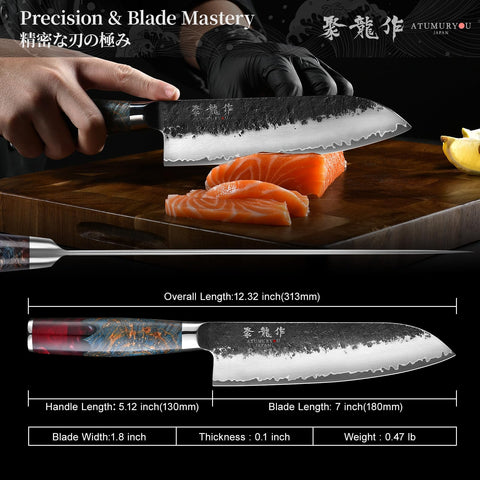 Atumuryou JPCK Santoku knife in kitchen for chopping vegetables and herbs.