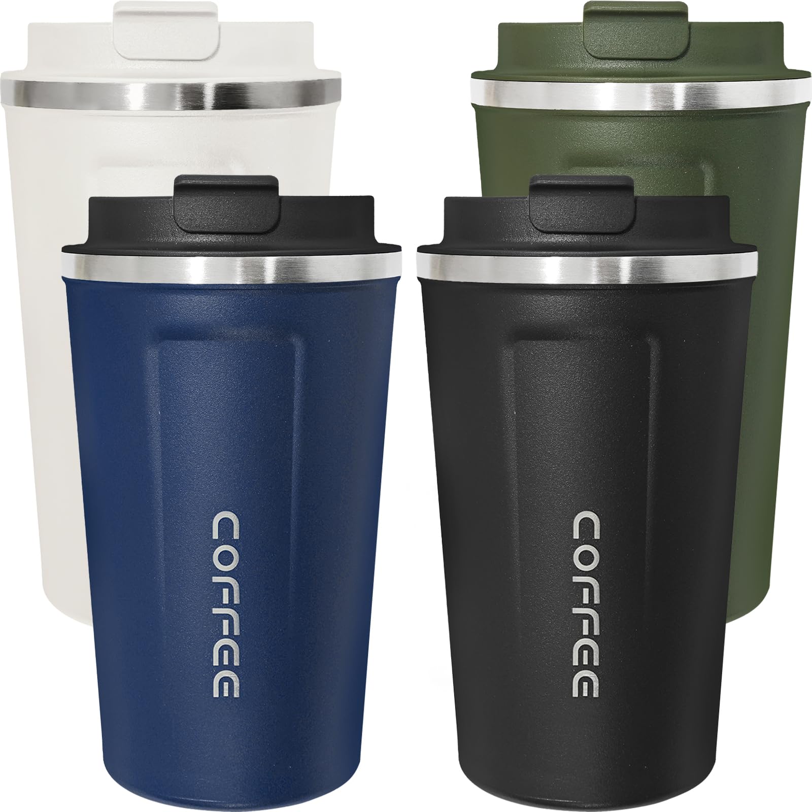 ATZNZIK 4-pack travel mugs in bright colors, great for on-the-go beverages.