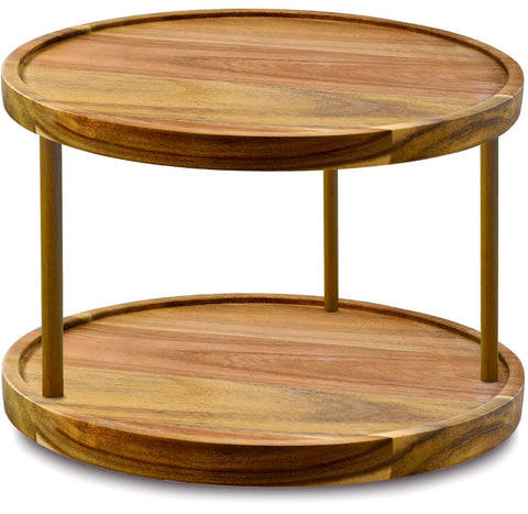 AUAM 12-inch two-tier acacia lazy Susan showing natural grain for spice storage.