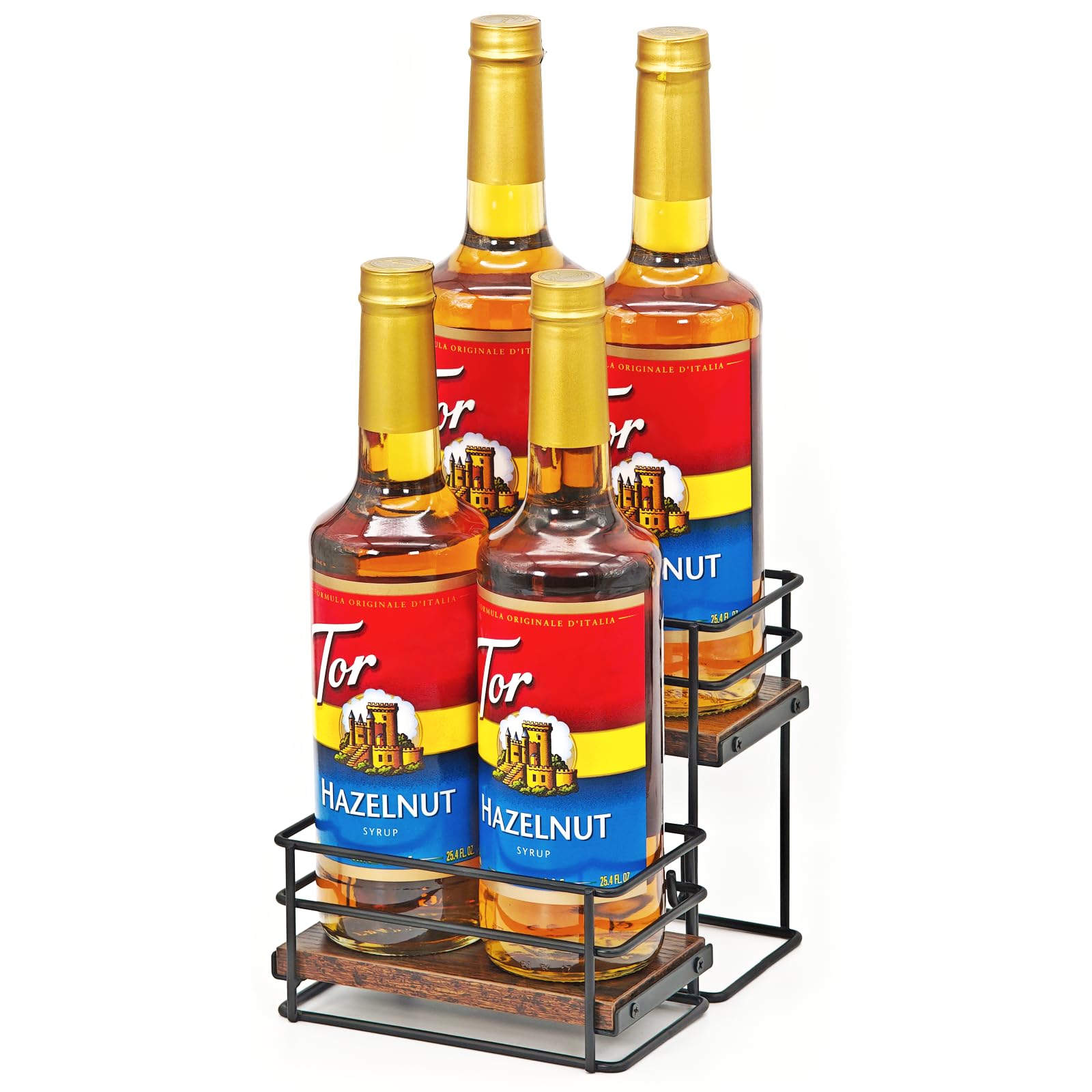 AUATRONNE 4-bottle syrup organizer rack on countertop boosts organization and accessibility.
