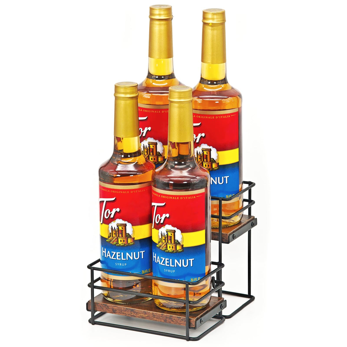 AUATRONNE 4-bottle syrup organizer rack on countertop boosts organization and accessibility.