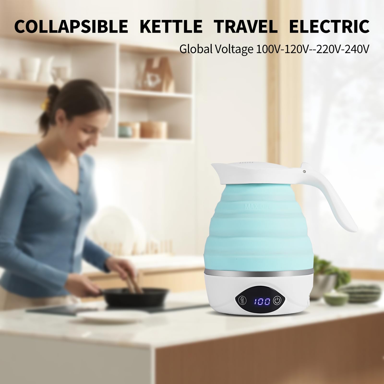 AUCOO travel kettle dual voltage display ready for 110V/220V journeys