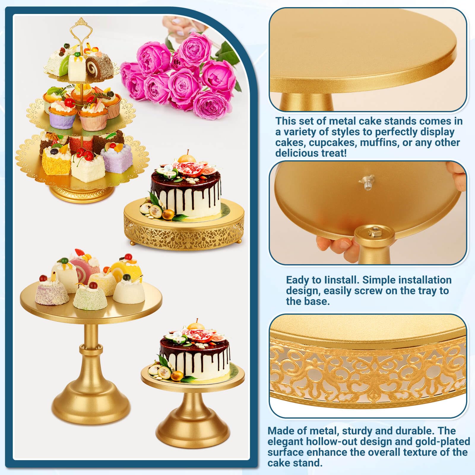 Audab gold 10-inch cake stand creates a striking centerpiece