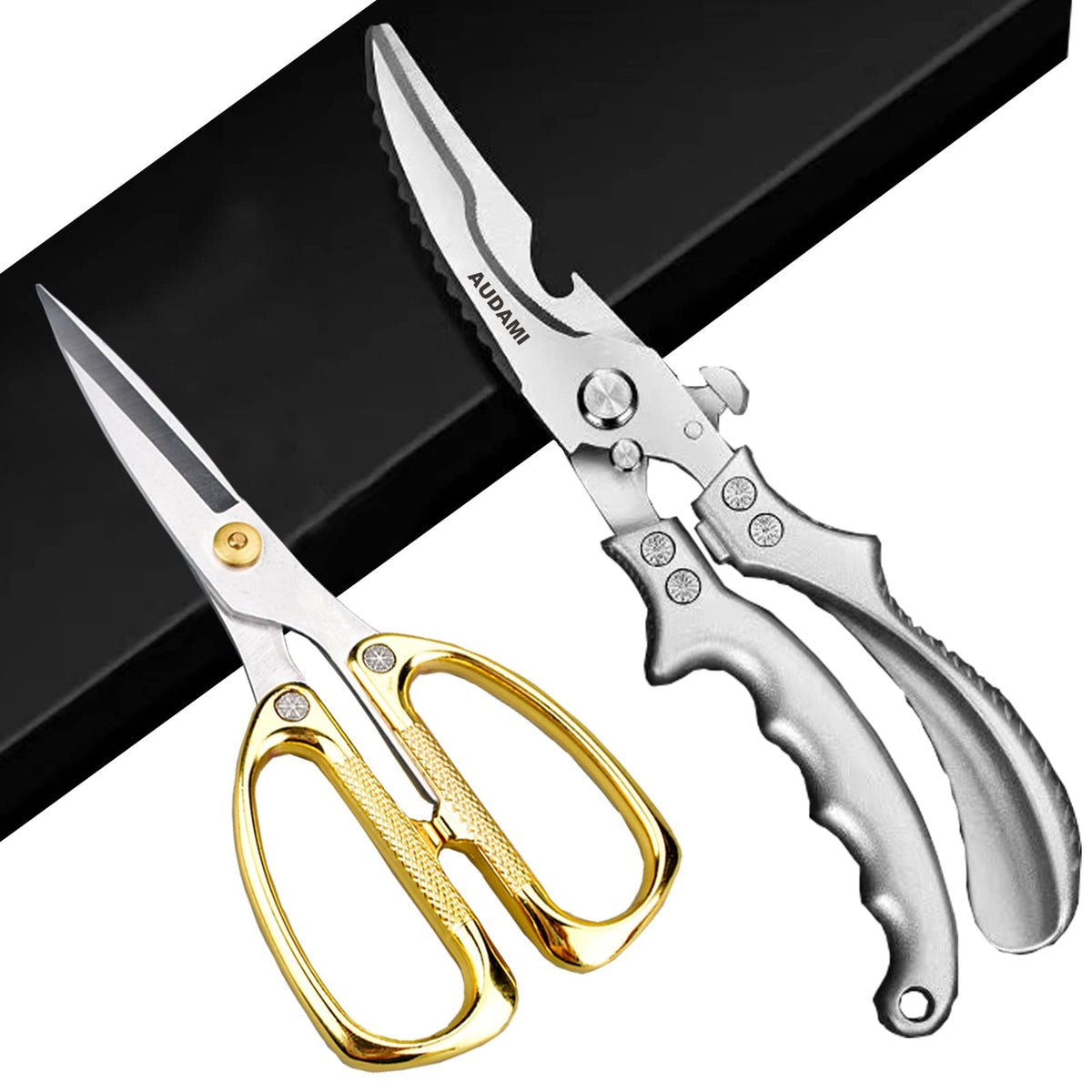 AUDAMI heavy-duty kitchen scissors pack in use for versatile cutting tasks
