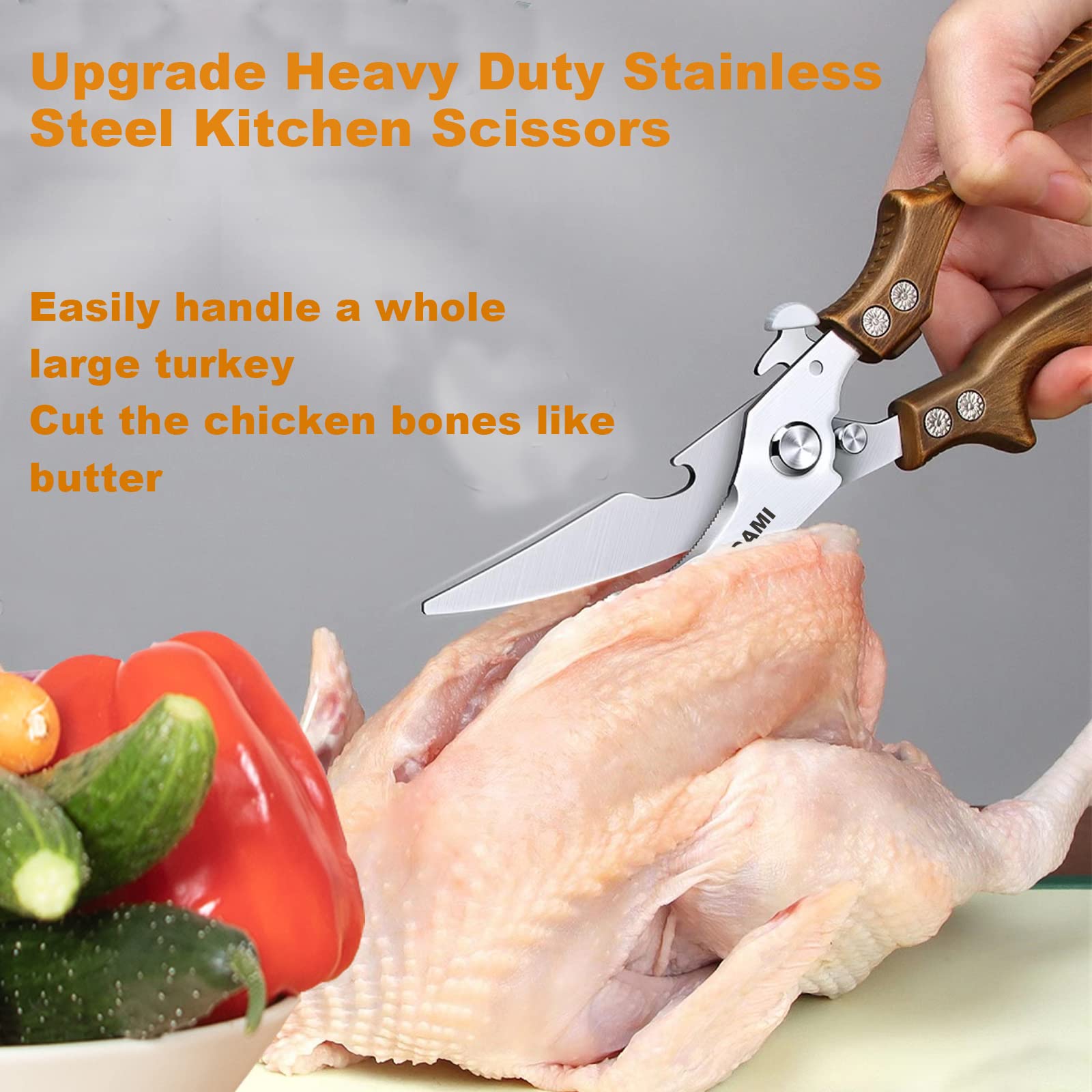 AUDAMI kitchen shears showing ergonomic handles and leverage in use