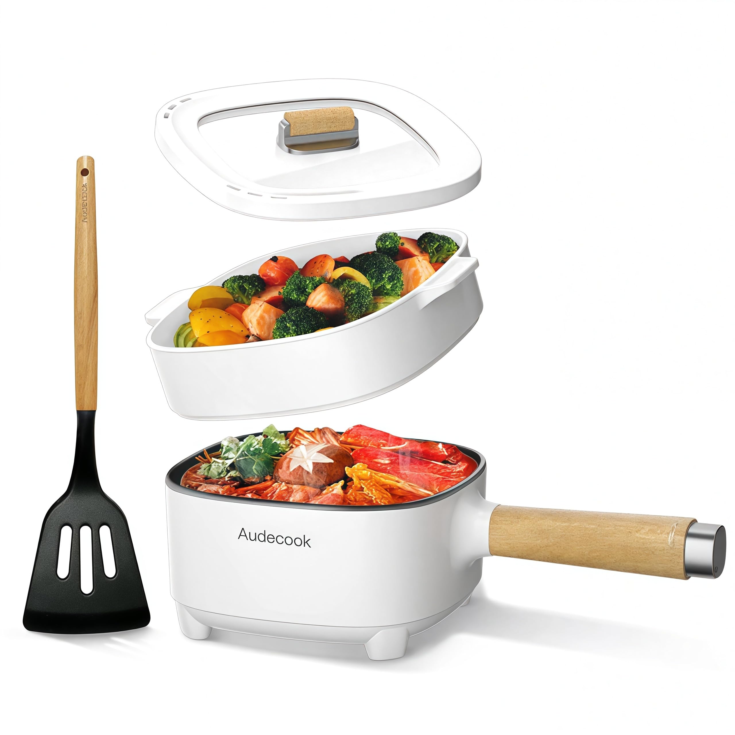 Audecook hot pot electric 2L with steamer insert for efficient steaming and cooking.