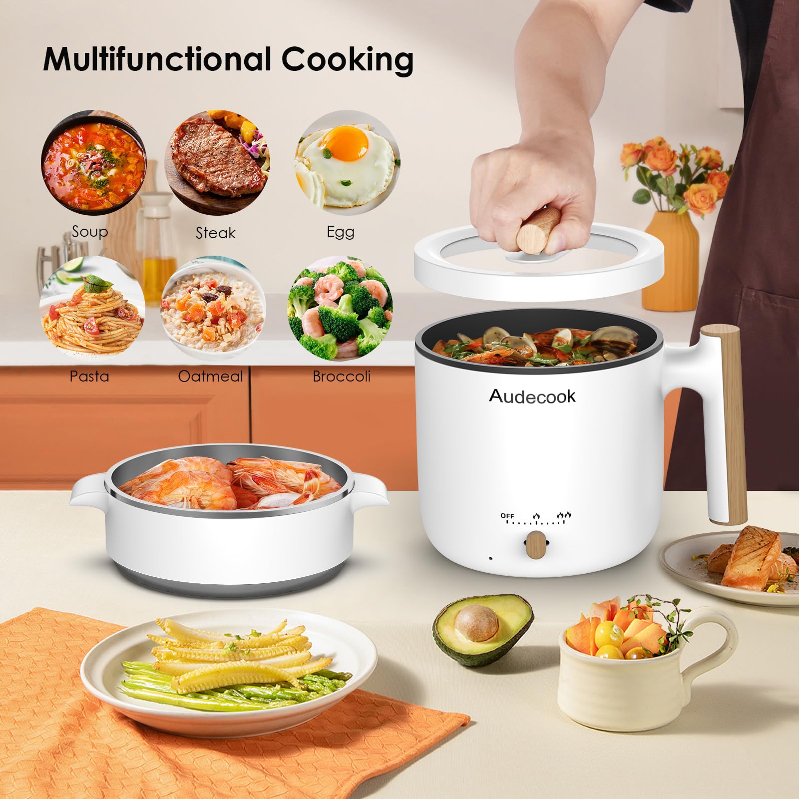 Audecook hot pot steamer plate enables steaming while cooking noodles.
