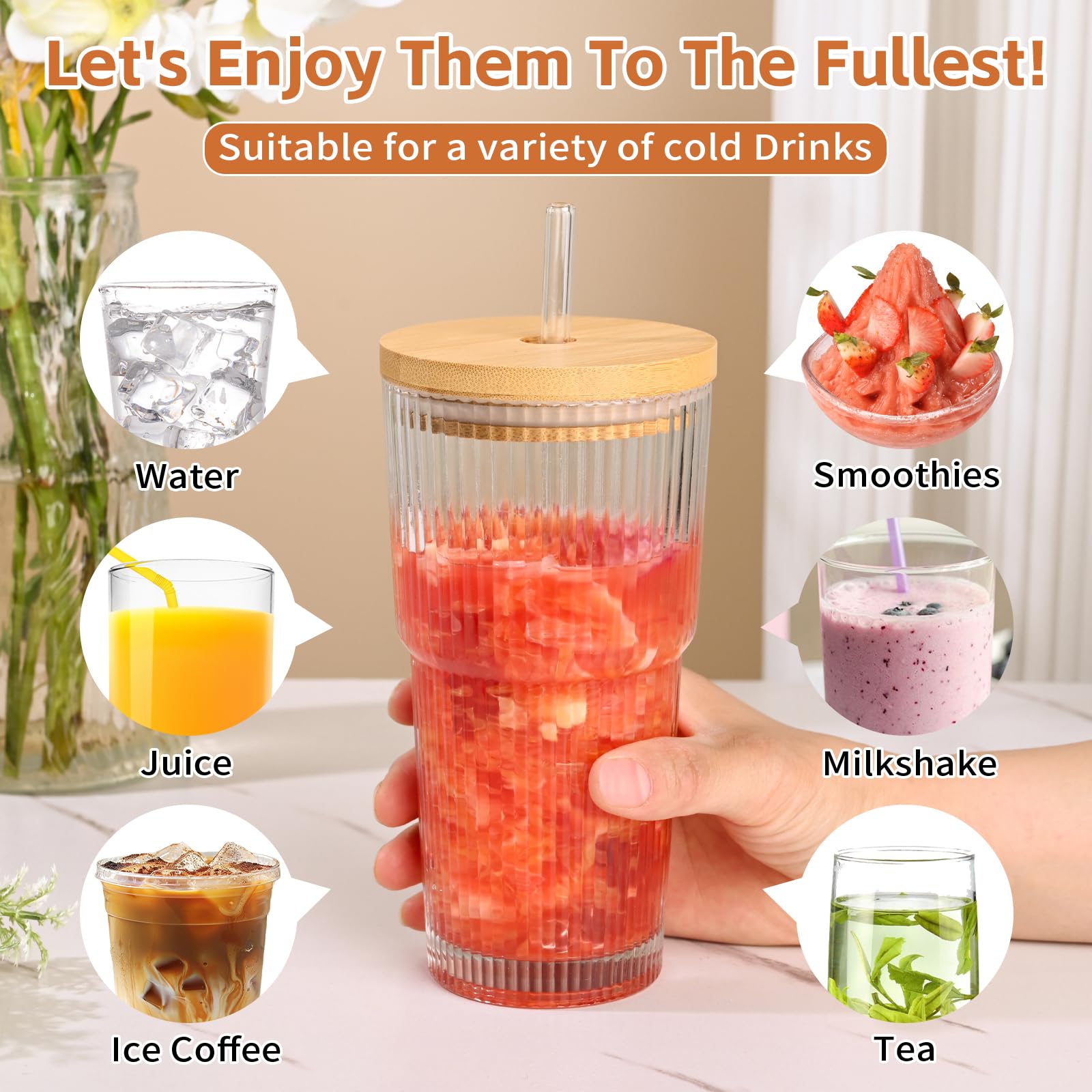 AUFXKOO juice and smoothie cup offers clear glass to enjoy colors.