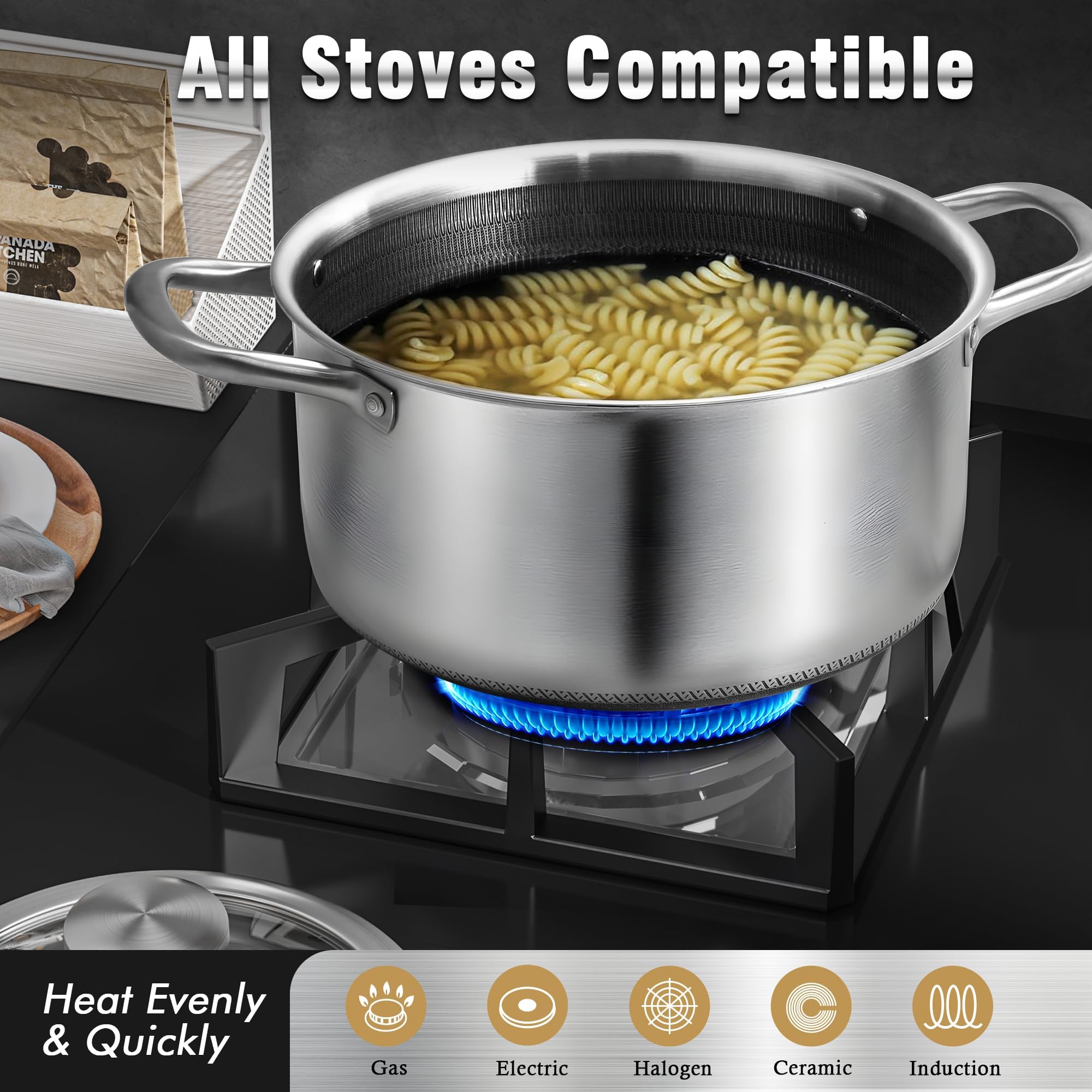 Aufranc induction-compatible stockpot works on all cooktops for flexible kitchen use.