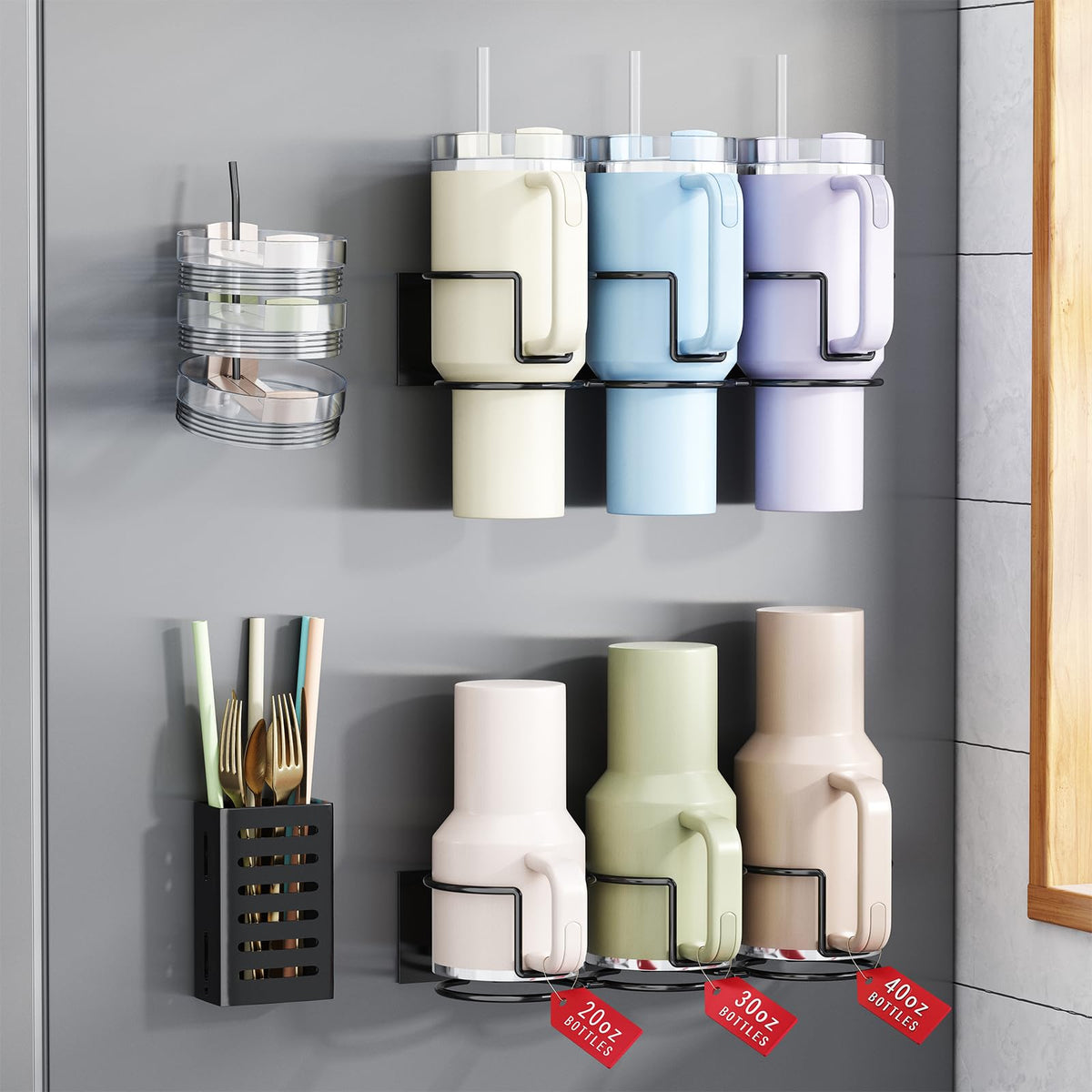 Aufworld magnetic cup holder on fridge keeps Stanley cups secure and easily accessible.
