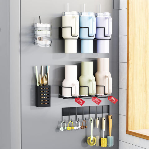 Aufworld magnetic cup holder on fridge keeps Stanley tumblers easily accessible.