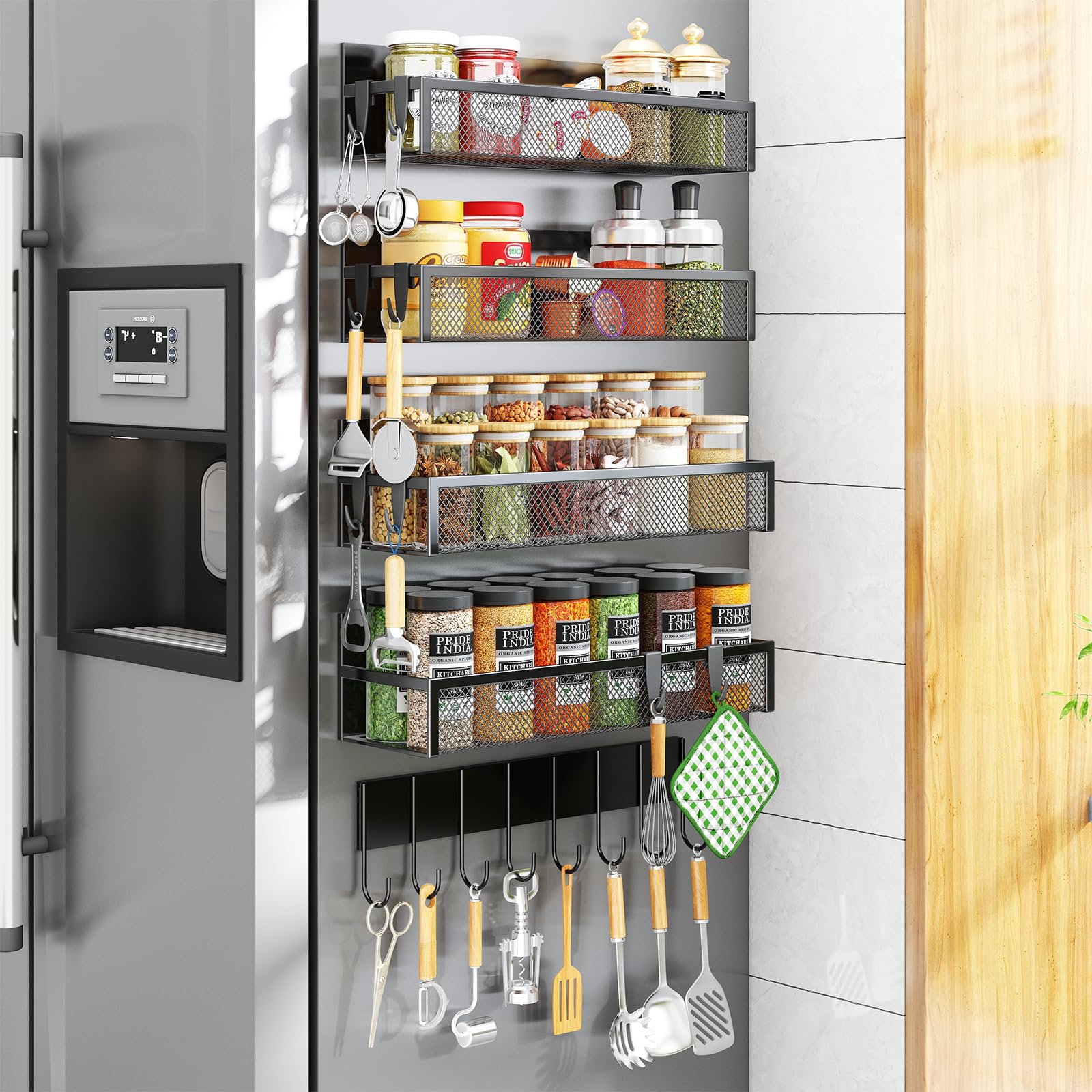Aufworld magnetic spice rack on fridge side for organized spices and easy access.
