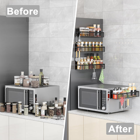 Removable hooks hold utensils or towels for flexible organization.