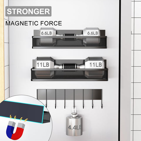 Aufworld spice jars neatly stored on magnetic shelves reducing clutter.