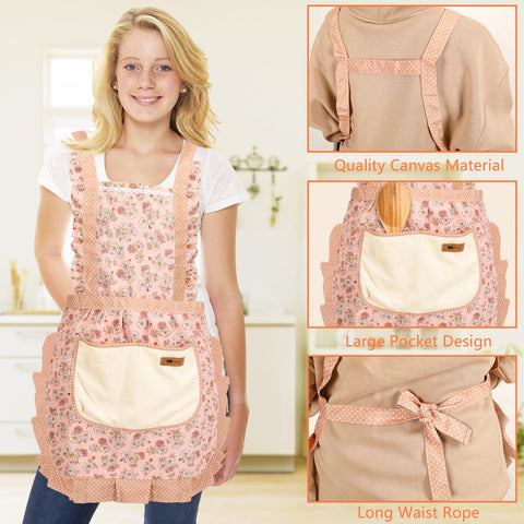 AUGSUN pink floral apron close-up highlights crisp print and lively design.