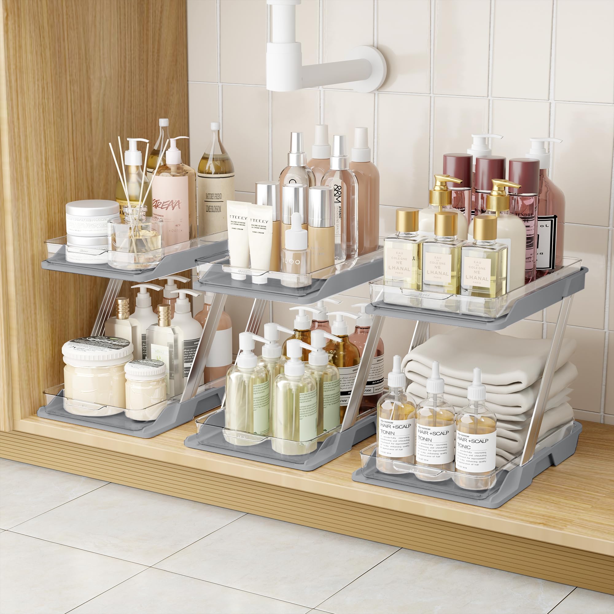 AUGBEAN 3-pack bathroom organizers neatly arranged under the sink for organized skincare.
