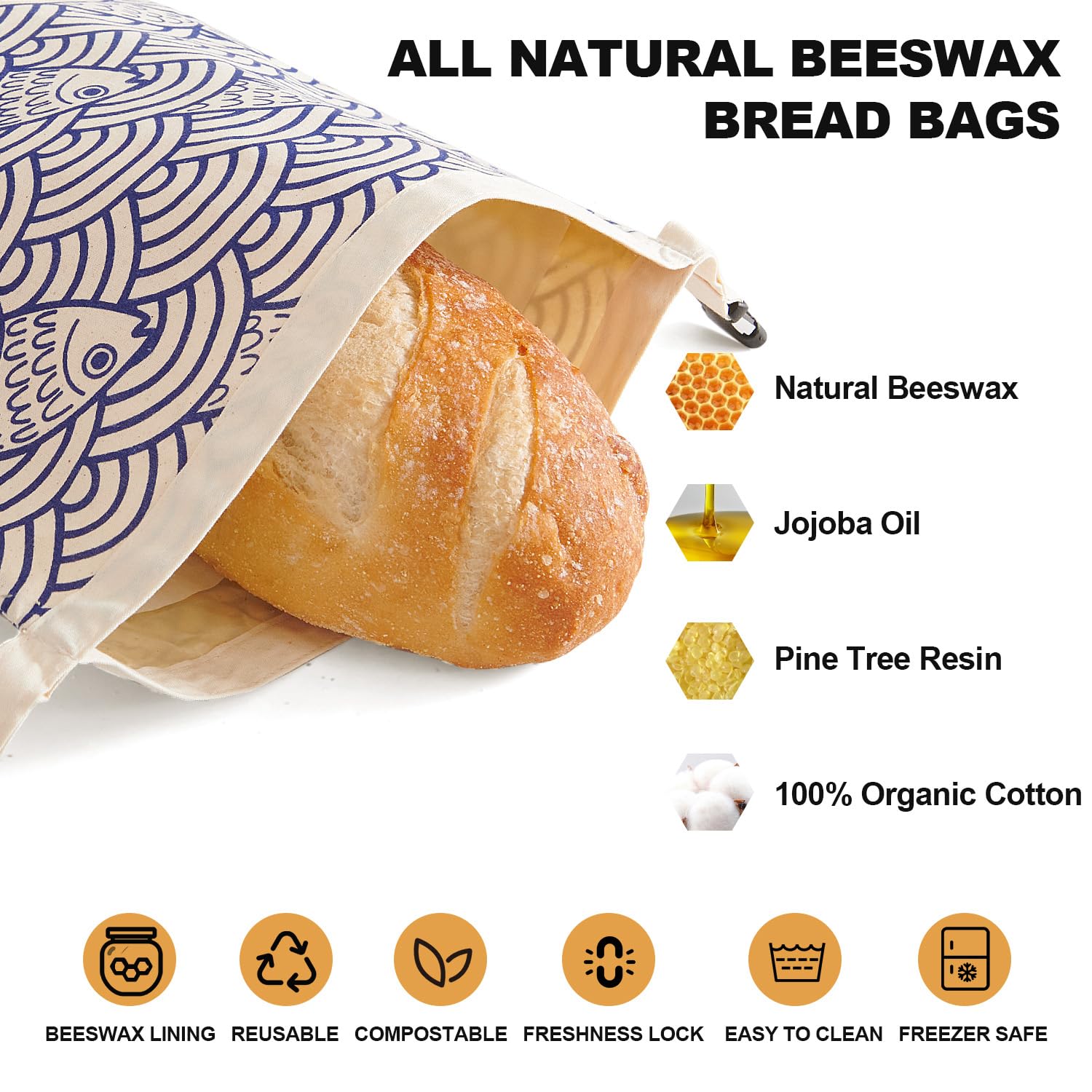 Augine beeswax-lined bag inner layer protects moisture and flavor.