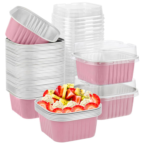 Augoog 5oz mini foil cups with lids for portioned pink desserts.