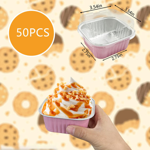 Augoog square foil ramekins with clear lids, microwave-safe for quick treats.