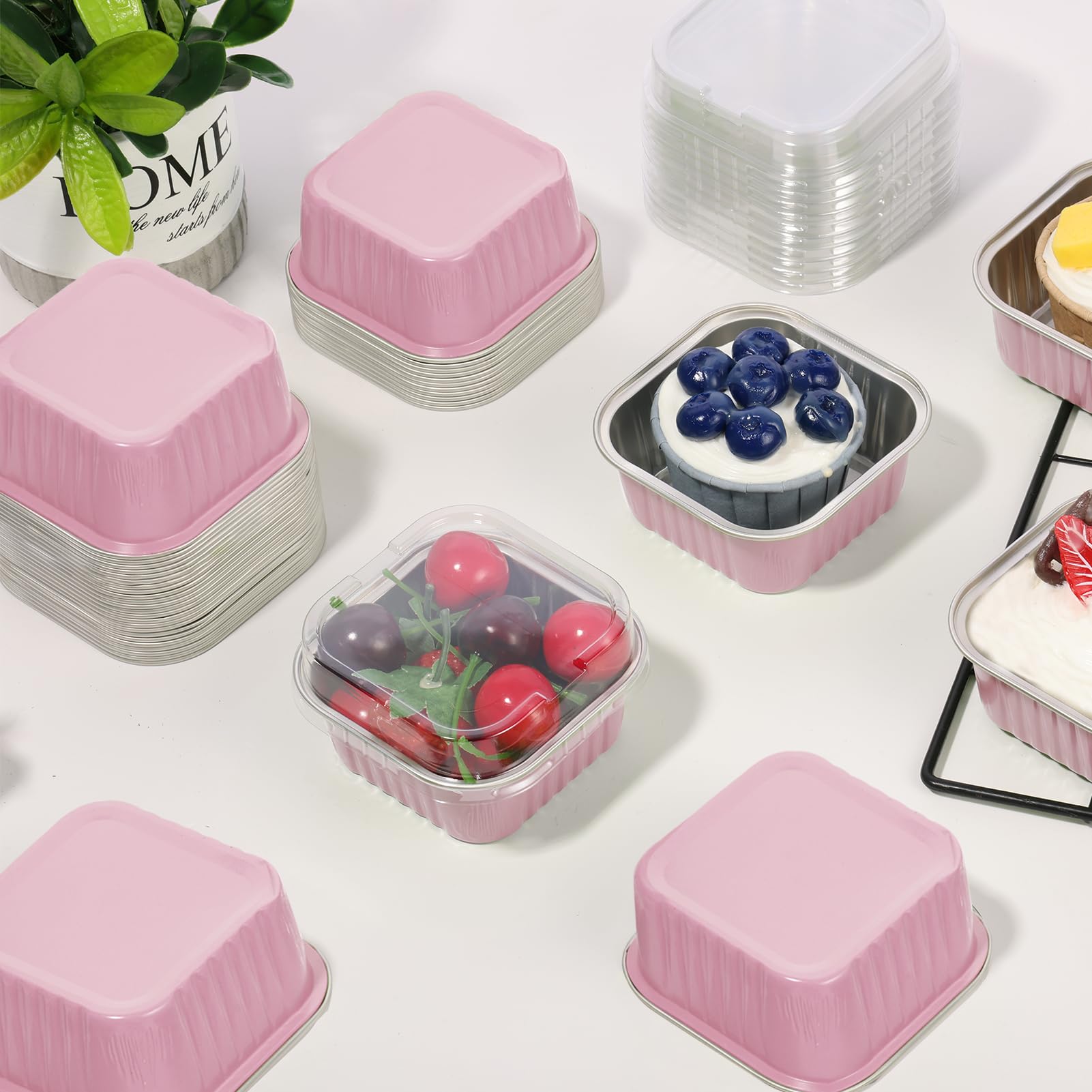 Augoog square bake cups with lids for mini desserts and portions.