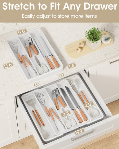 Aujen expandable utensil tray expanded to fit larger drawers for flexible storage.