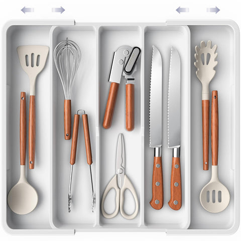 Aujen silverware organizer in a drawer for tidy, quick utensil access.