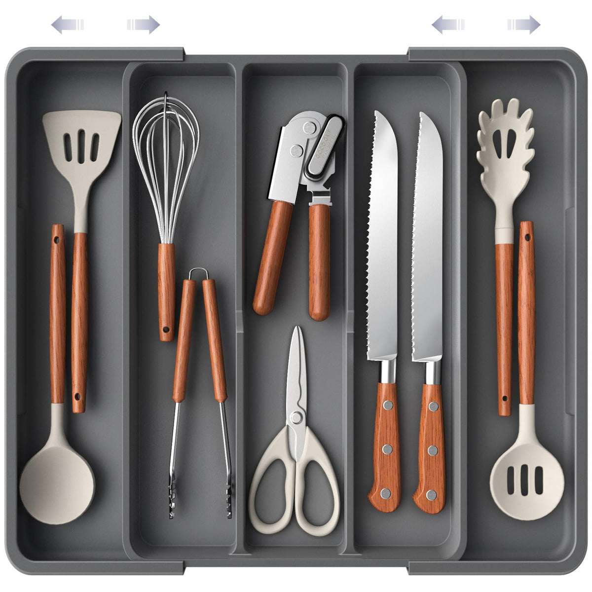 Aujen Silverware Organizer in grey expands to fit larger drawers for clutter-free storage.