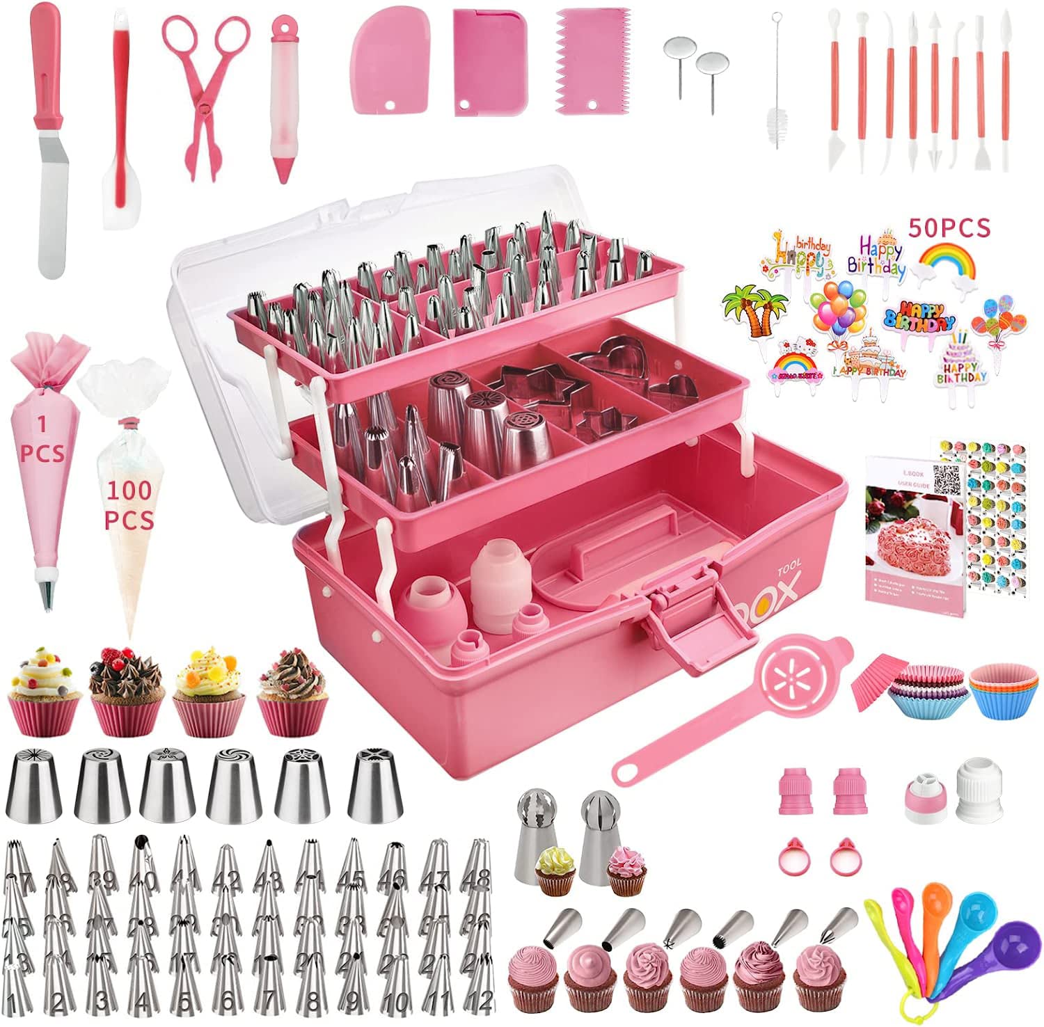 AUKOW 358-piece pink cake decorating kit with storage case for easy organization.