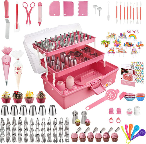 AUKOW 358-piece pink cake decorating kit with storage case for easy organization.