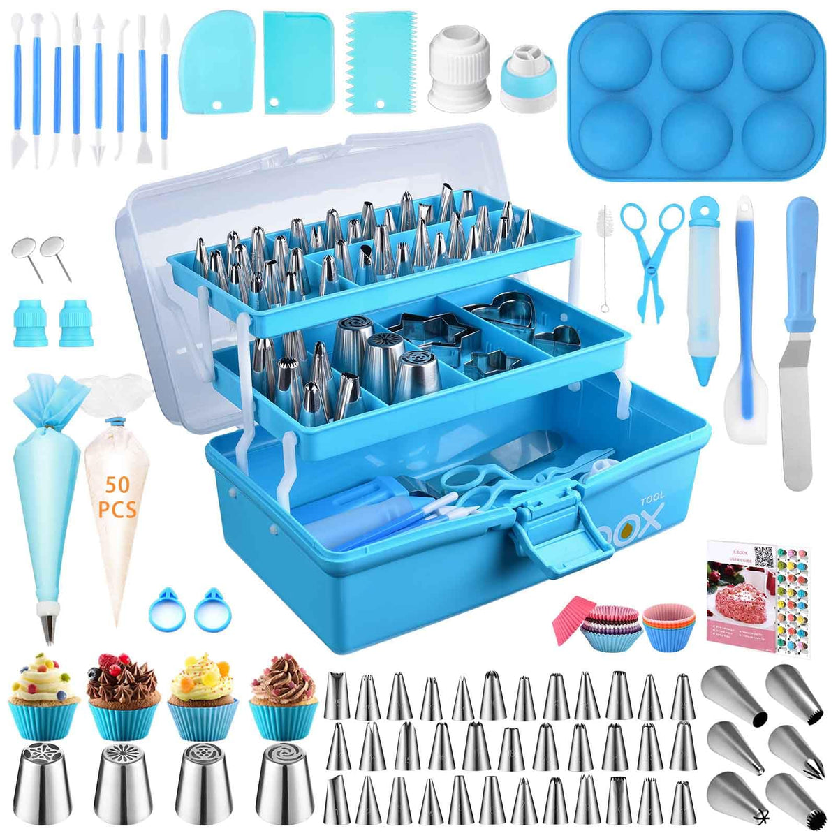 AUKOW cake decorating kit with blue storage box keeps tools organized for quick baking prep.
