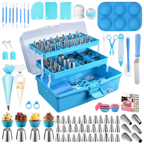 AUKOW cake decorating kit with blue storage box keeps tools organized for quick baking prep.