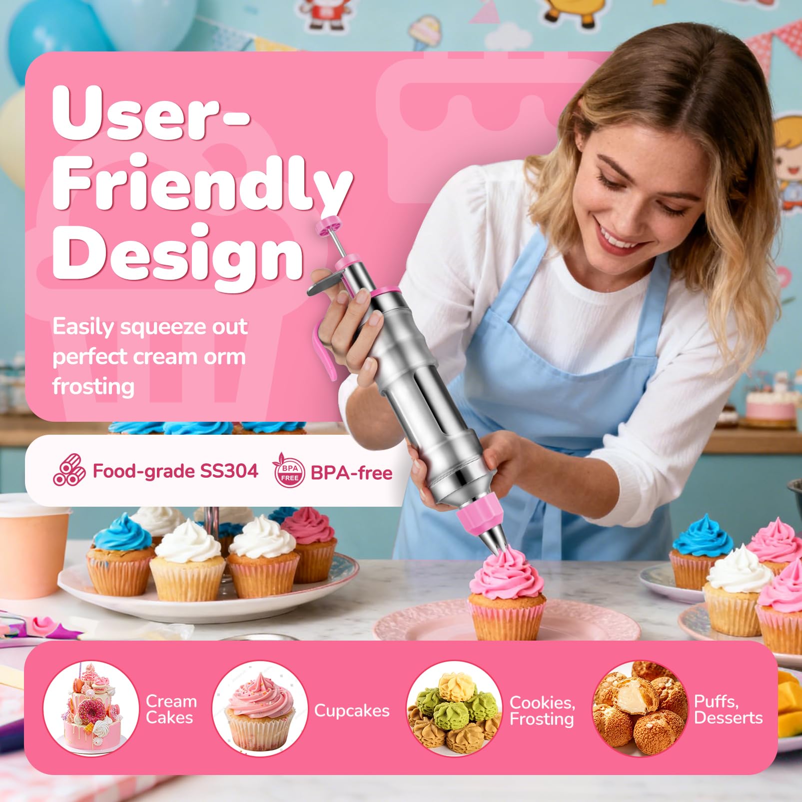 AUKOW piping tips and couplers enabling diverse cake and cupcake designs.