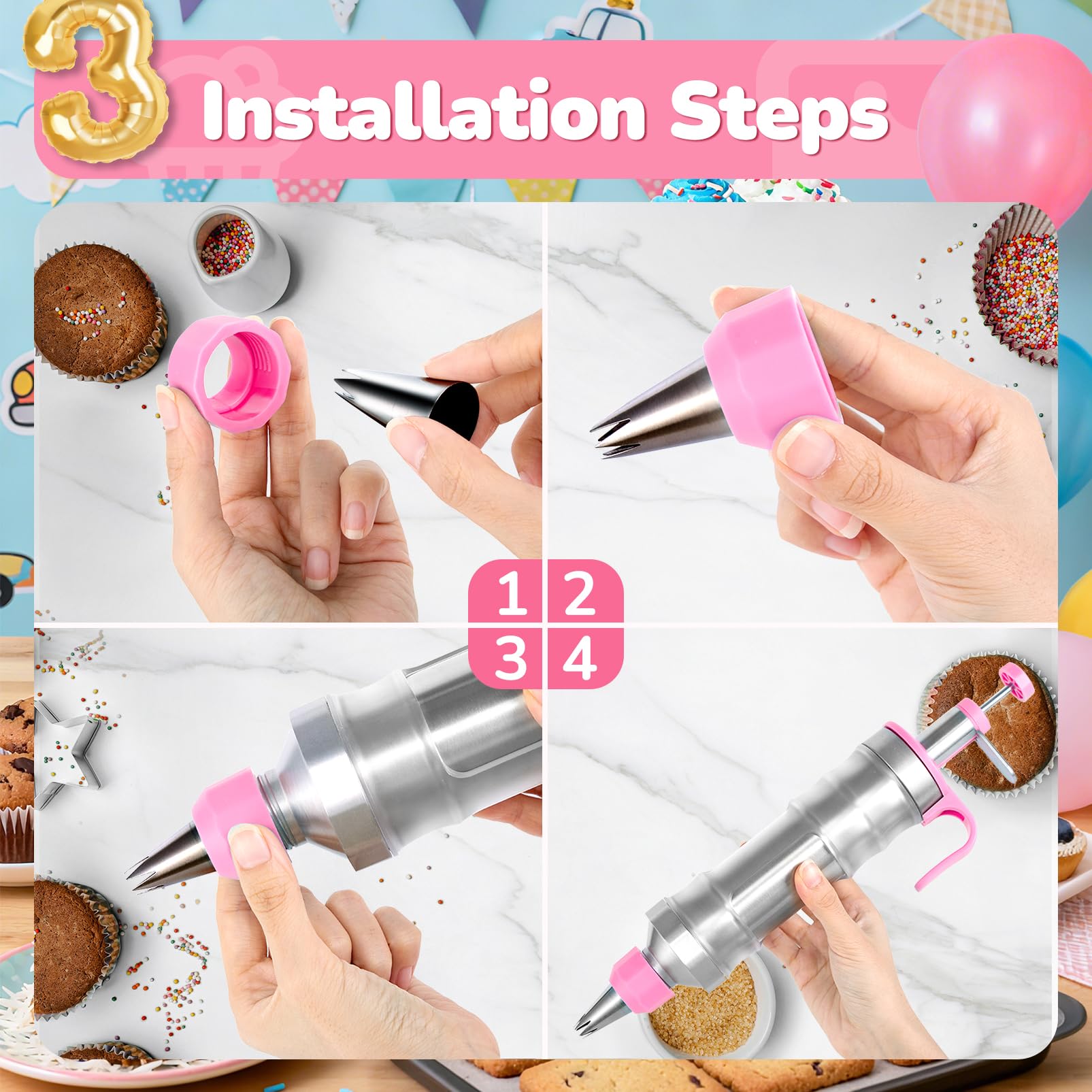 AUKOW stainless-steel tip set delivers durable, reusable piping options.