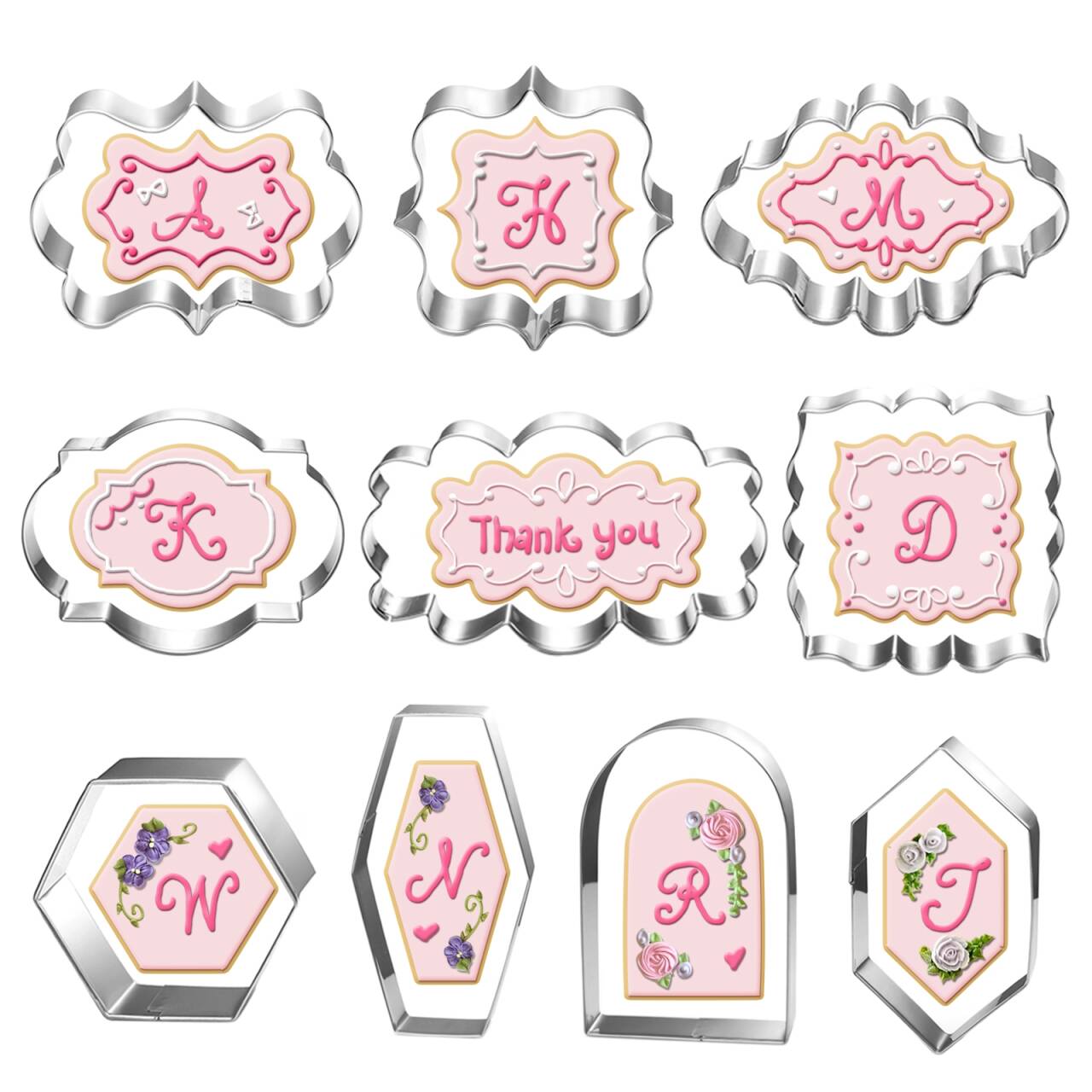 Auktosmn large plaque cookie cutter set shown with multiple shapes for uniform framing cookies and fondant