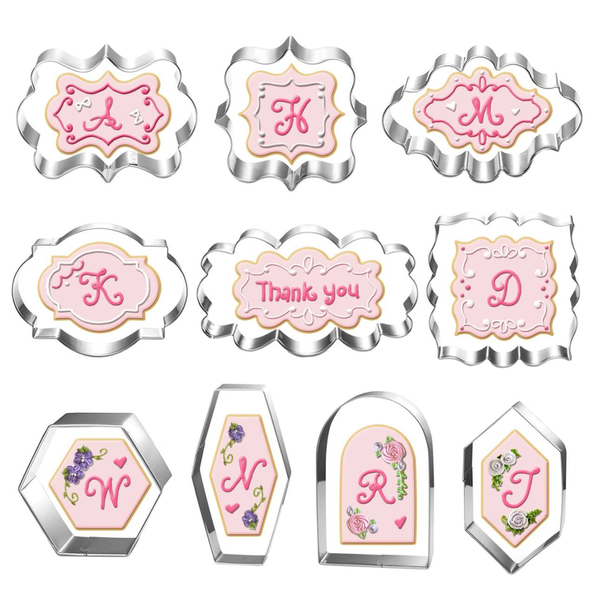 Auktosmn large plaque cookie cutter set shown with multiple shapes for uniform framing cookies and fondant