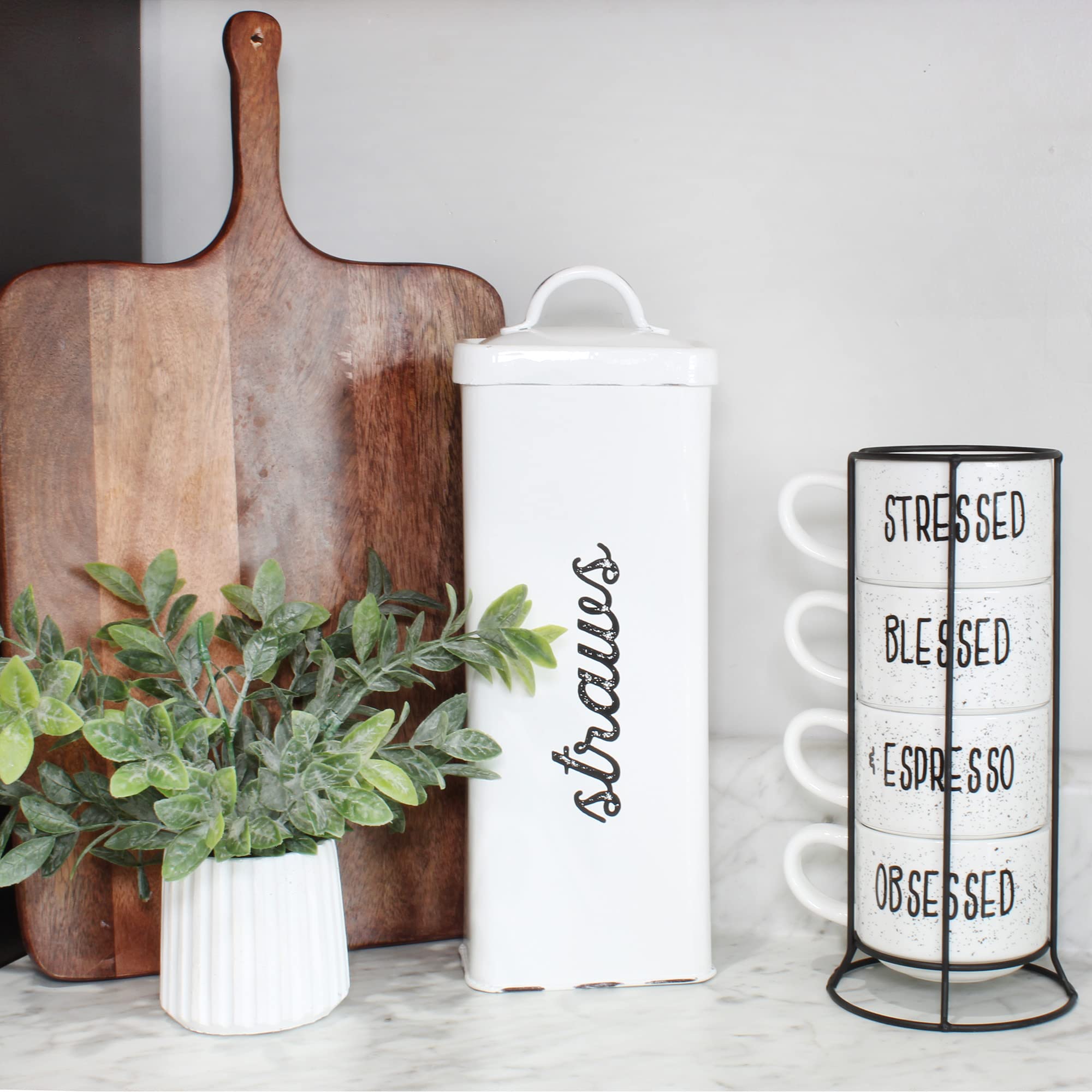 Rustic farmhouse kitchen with AuldHome straw canister as decor.