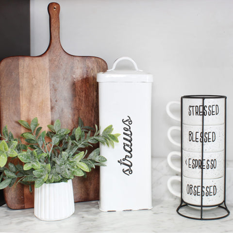 Rustic farmhouse kitchen with AuldHome straw canister as decor.