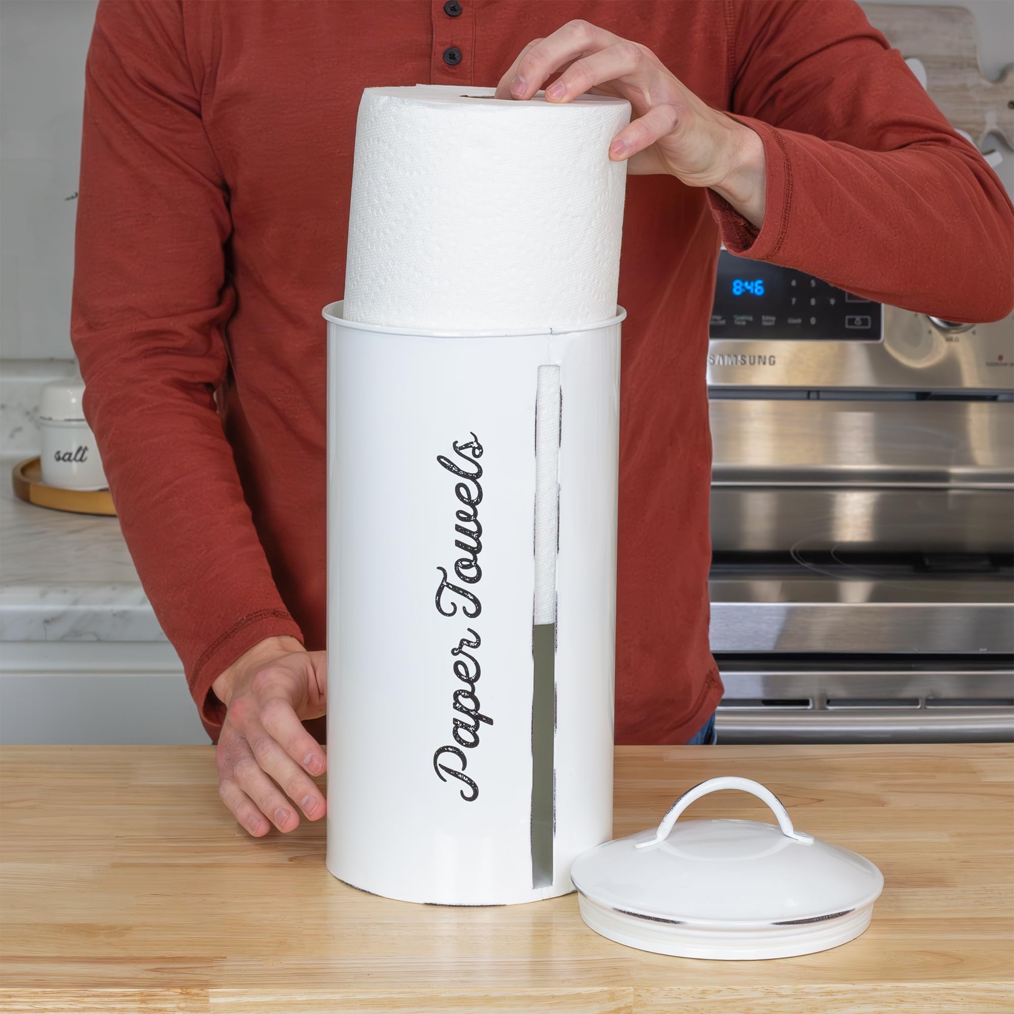 AuldHome Design discreet paper towel holder keeps towels tucked away yet reachable.