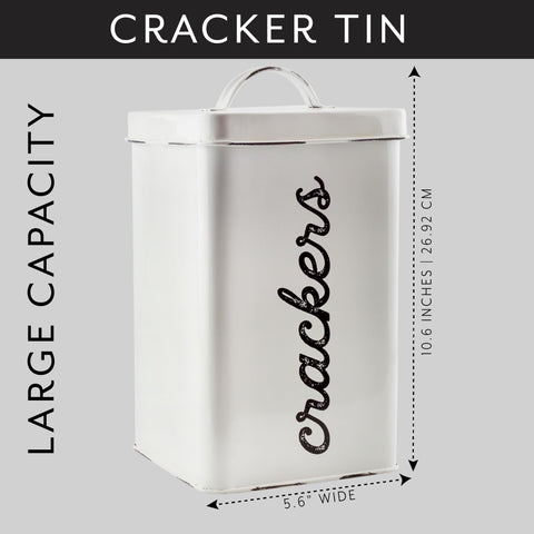 AuldHome Design dorm kitchen cracker tin used for snack organization.