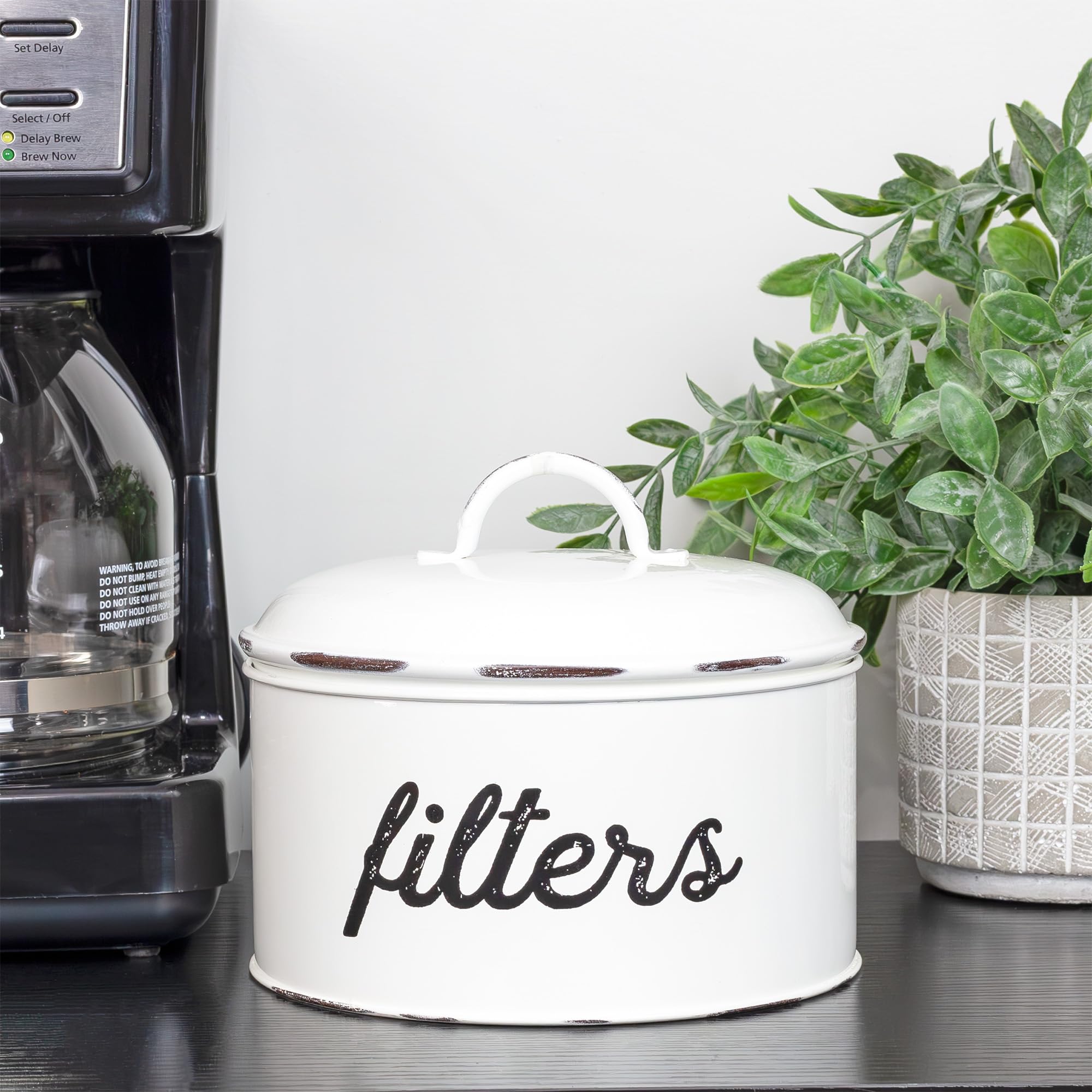 AuldHome Design enamelware basket filter holder close-up showing distressed finish.