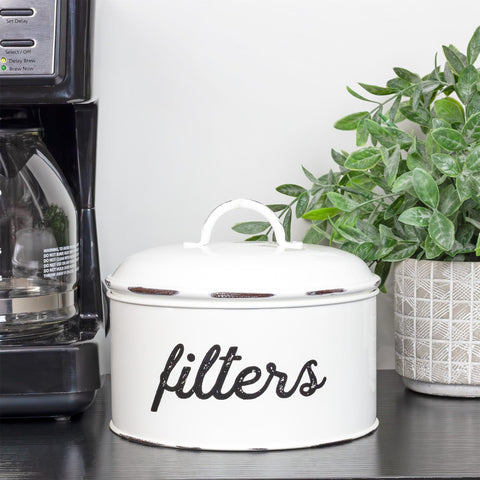 AuldHome Design enamelware basket filter holder close-up showing distressed finish.