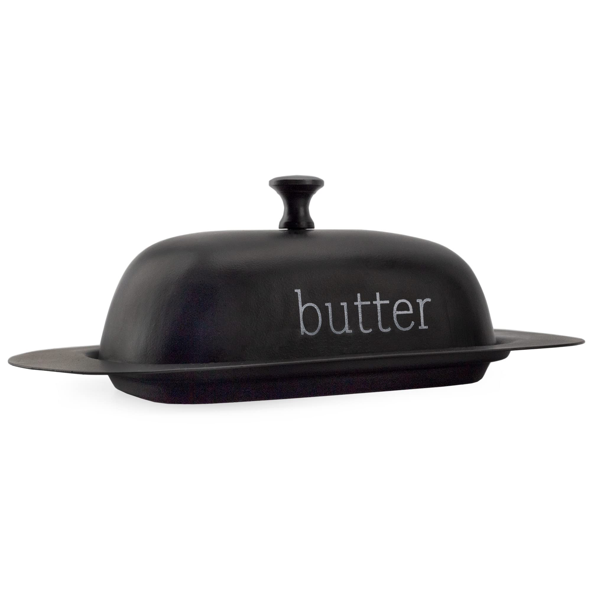 AuldHome Design enamelware black butter dish front view showing style and lid