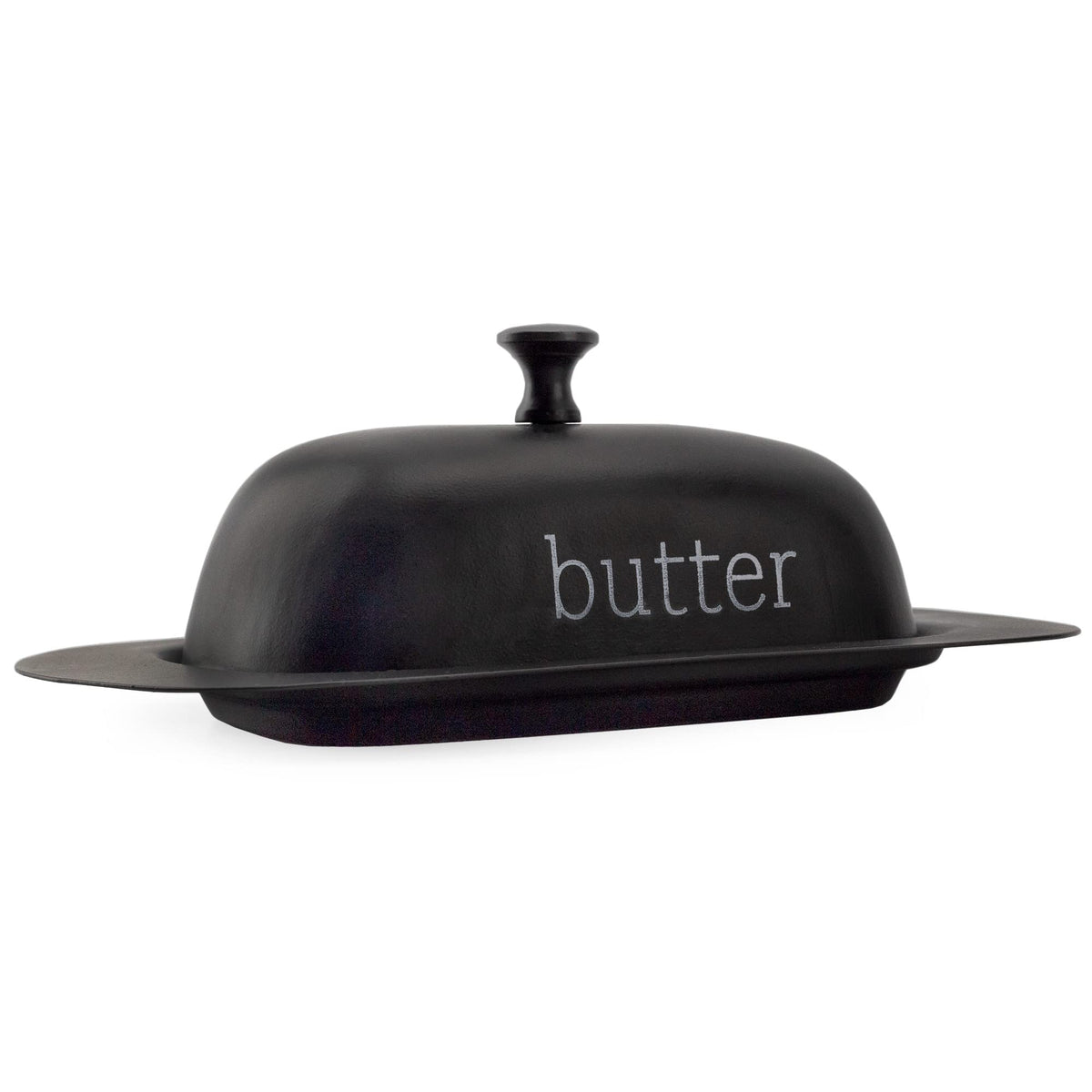 AuldHome Design enamelware black butter dish front view showing style and lid