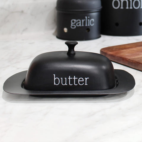 AuldHome Design enamelware black butter dish lid with secure handle detail